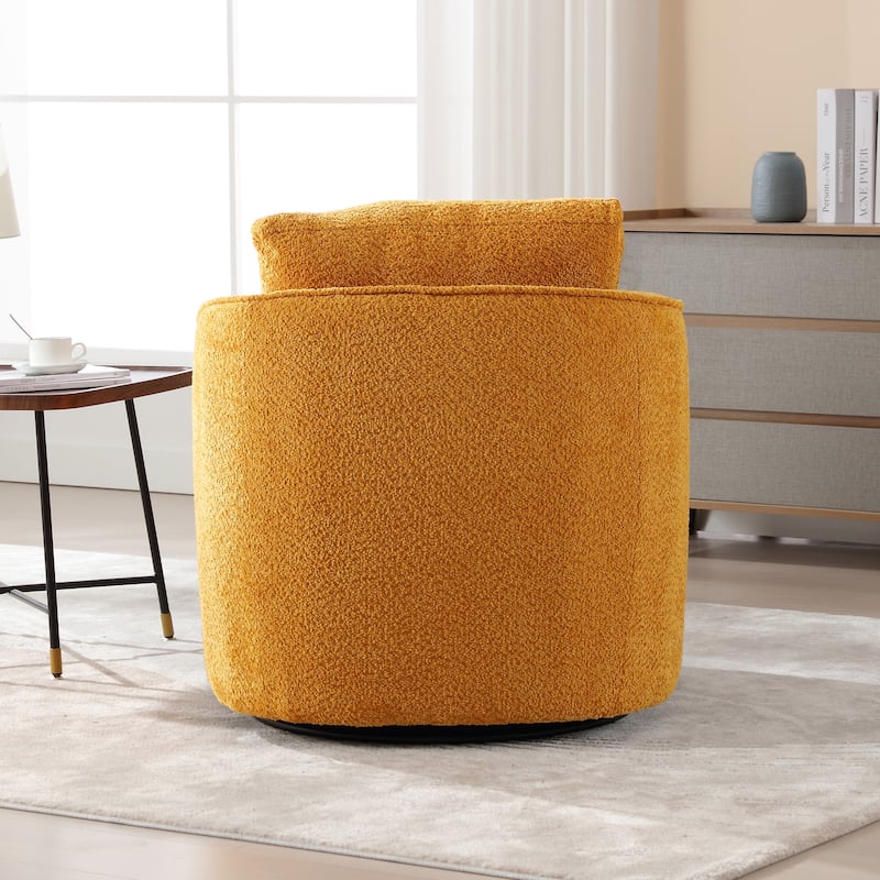 Boucle Fabric Upholstered Swivel Barrel Armchair With Pillow