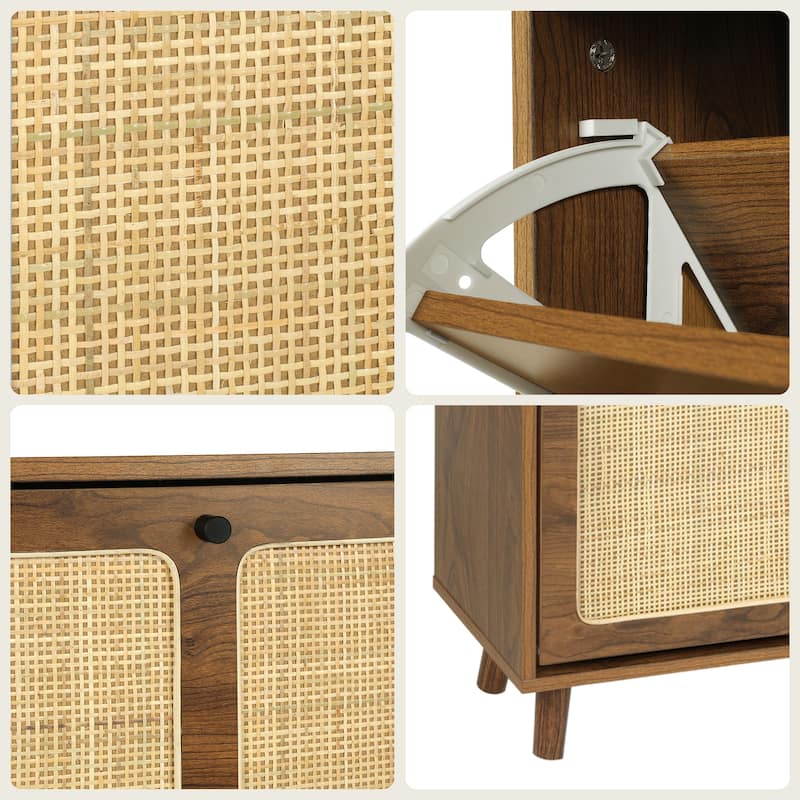 24 Pairs Wooden Rattan 3-Tier Flip-Up Shoe Storage Cabinet