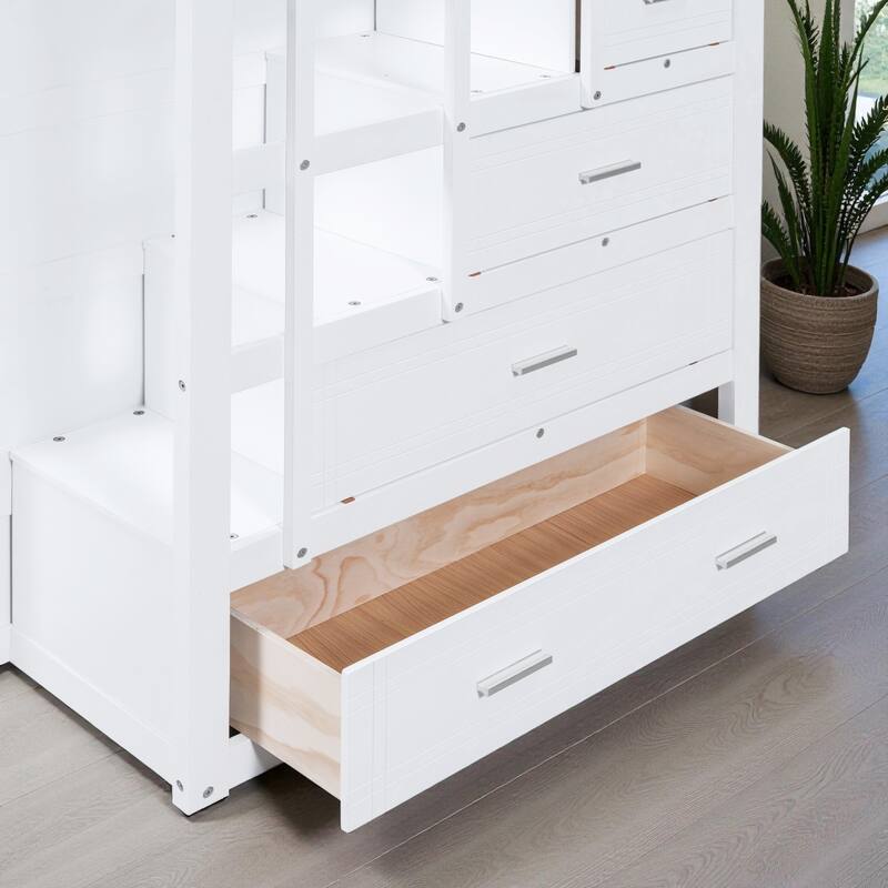 Full Over Full Bunk Bed with Twin Trundle and Storage Staircase, Solid Wood Frame, Space-Saving Design