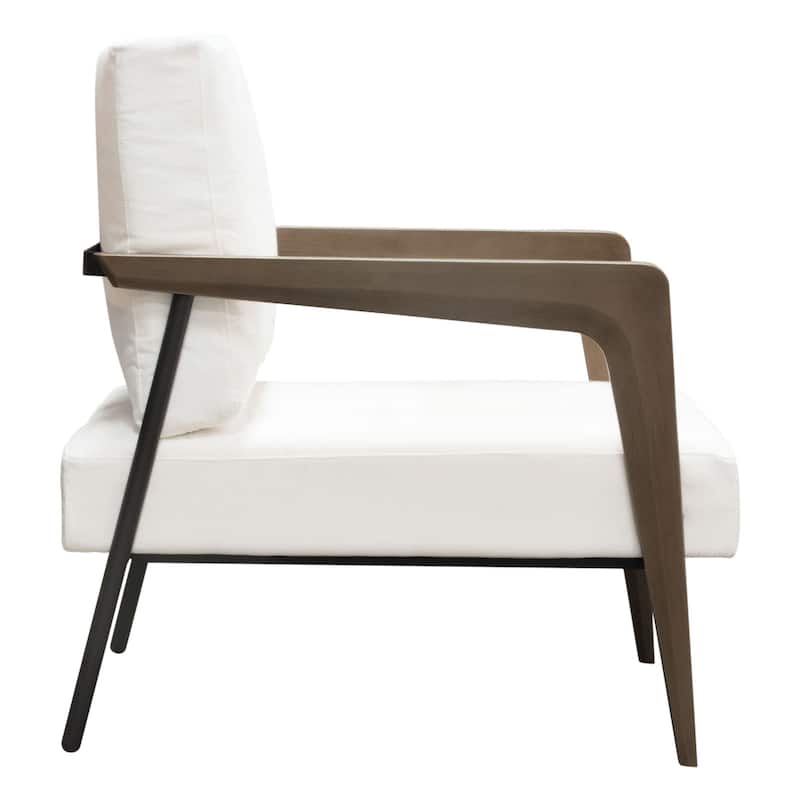 Deni Accent Armchair, White Polyester Linen Seat, Curved Wood Legs