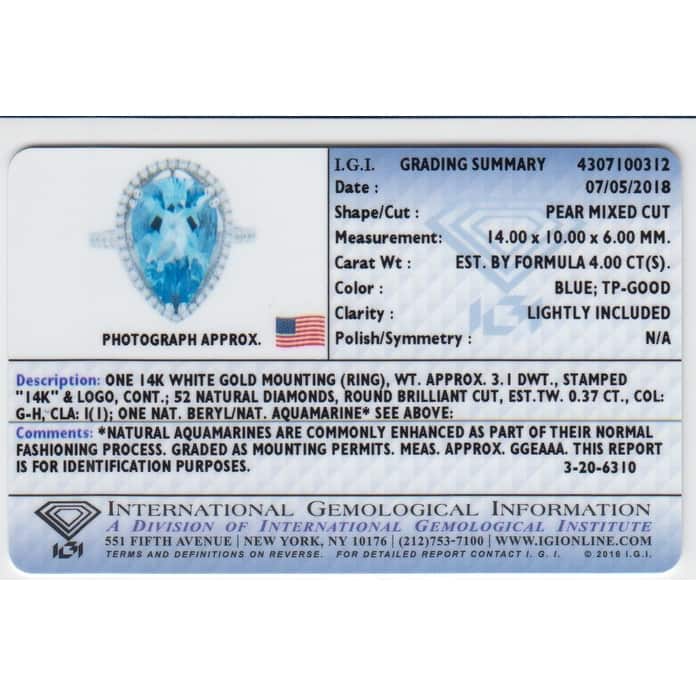 IGI Certified 4.35 ct Aquamarine and Diamond Ring in 14k White Gold