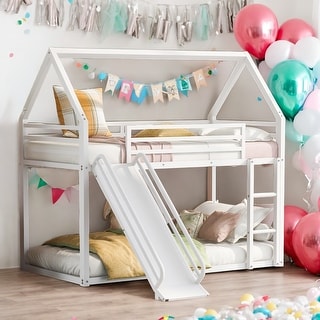 Twin over Twin House Bunk Bed with Ladder and Slide,Kid's House Bunk Bed,Easy Assembly,White