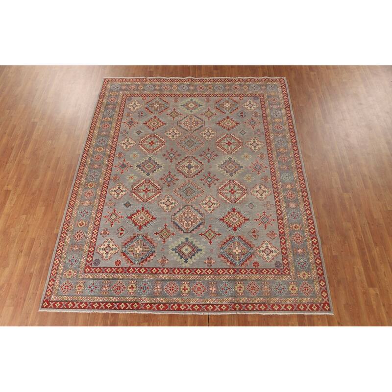 Geometric Kazak Oriental Area Rug Handmade Grey Wool Carpet - 8'2" x 10'0"