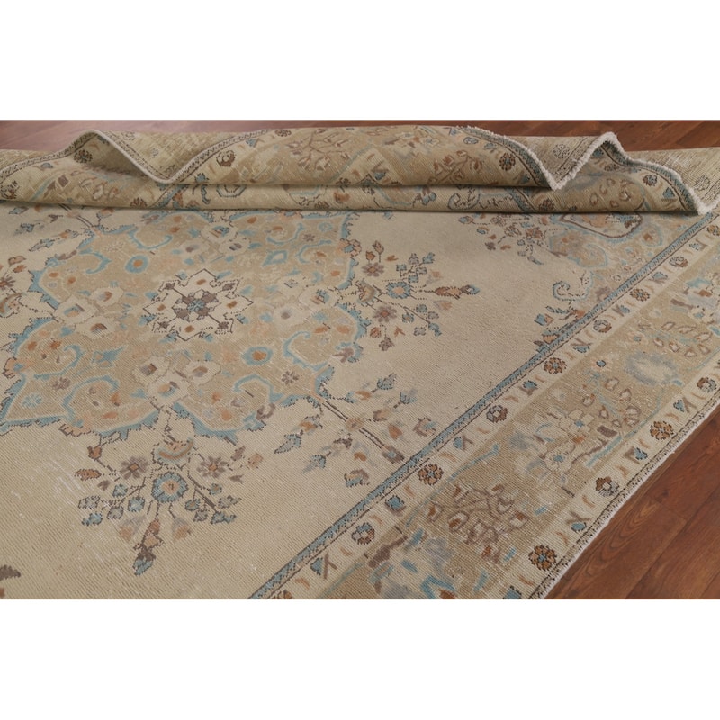 Vintage Geometric Distressed Tabriz Persian Rug Handmade Wool Carpet - 6'3" x 9'9"