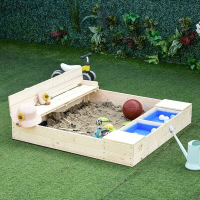 Outsunny Kids Sandbox with Cover and Storage Buckets, Outdoor Wooden Sandbox - 47.25" x 47.25" x 15.75"