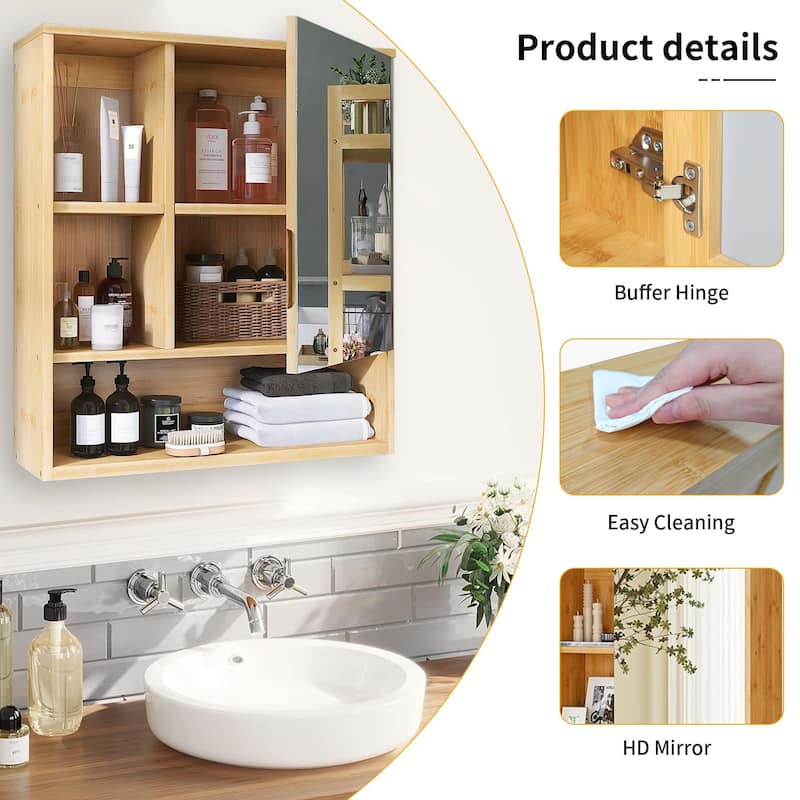 Medicine Cabinet Wall-Mounted Mirrored Bamboo Frame Storage Bathroom - 22"x24"x6.3"
