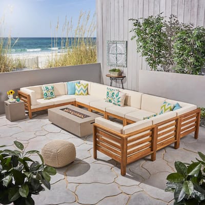 Oana Outdoor 12-Piece U-Shaped Acacia Wood Sectional Sofa Set with Fire Pit by Christopher Knight Home
