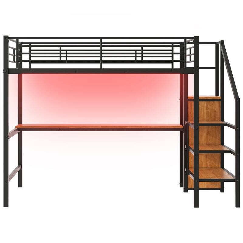 Full Size Metal Loft Bed with Desk, Storage Staircase, Wardrobe, and LED Light
