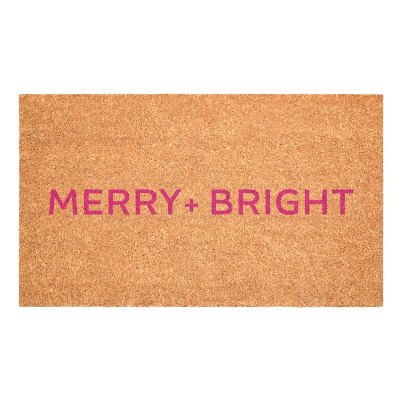 HomeRoots 17" X 29" Brown And Pink Christmas Merry and Bright Outdoor Coir Door Mat - 17.00' X '29.00