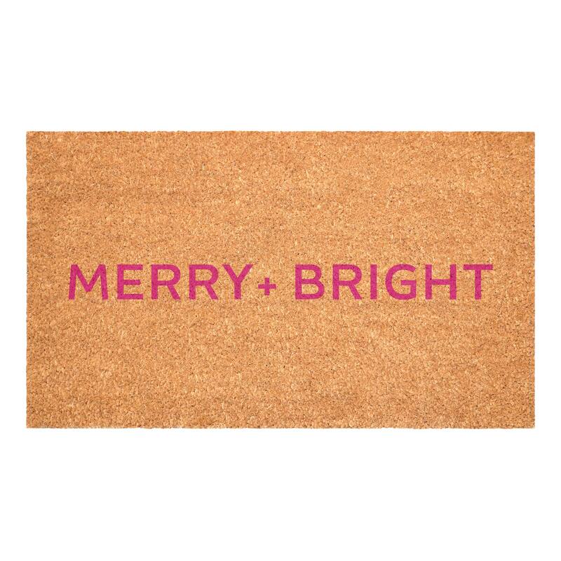 HomeRoots 24" X 36" Brown And Pink Christmas Merry and Bright Outdoor Coir Door Mat - 24.00' X '36.00