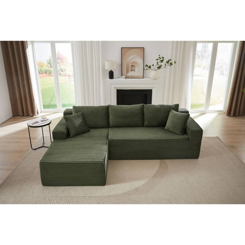L-Shaped Modular Sectional Sofa with Chaise Lounge, Corduroy Cloud Boneless Couch with Deep Seat, Full-Compression 4 Seat Sofa - Green