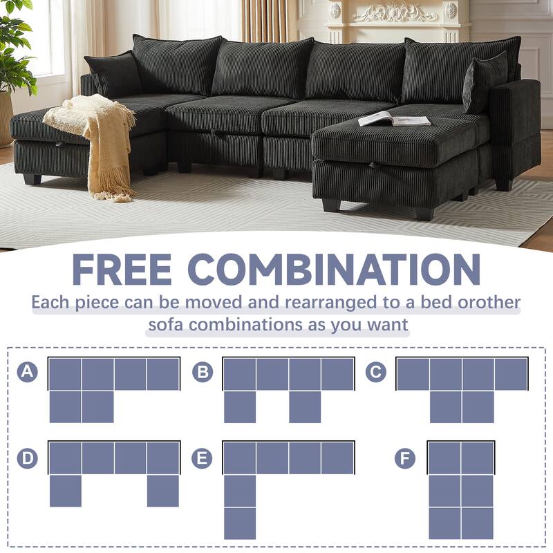 113.5" Corduroy U-Shaped Sectional Sofa with Storage Ottoman, 6-Seat Modular Design and Convertible Chaise