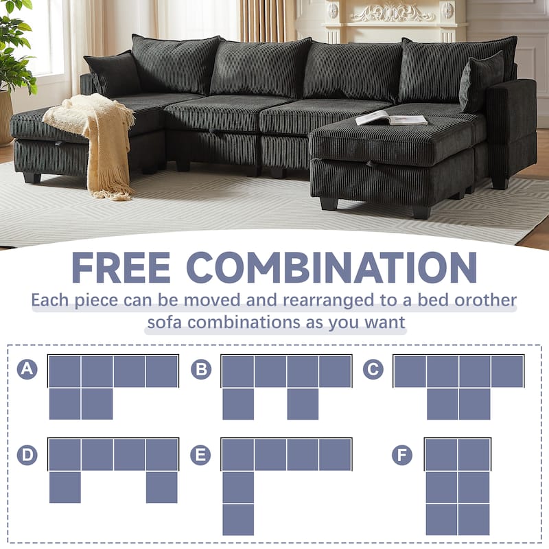 Roomfitters 113.5" Modular Corduroy U-Shaped Sectional Sofa, 6-Seater Convertible Couch with Chaise and Storage Ottoman