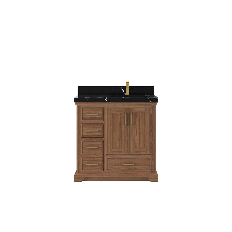 Willow Collections 36 in. W x 22 in. D Charlotte Teak Right Offset Sink Bathroom Solid Teak Vanity with Countertop - 2”Calacatta Black - Dark Natural