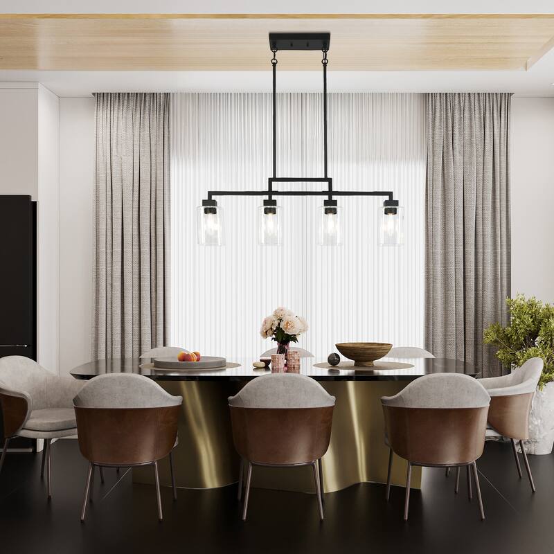 Mid-Century Modern 4-Light Black Chandelier Glass Island Lights for Dining Room - L 34.4" x D 4.3" x H 12"