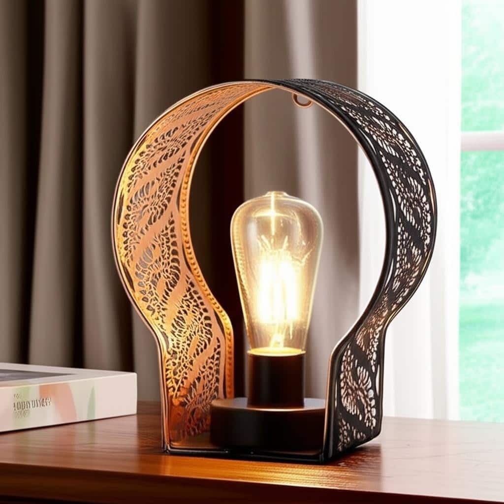 HomeRoots 7" Black Battery Operated Round Bedside Lamp With Pierced Shade - 3.50 in. x 7.00 in. x 5.50 in.