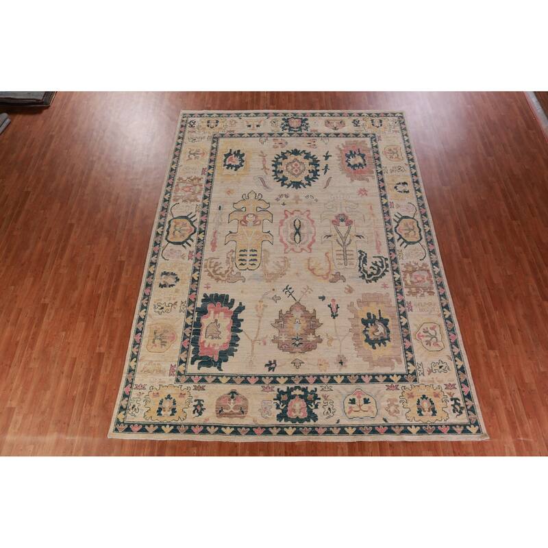 Hand Knotted Oriental 100% Wool Carpet Transitional All-Over Beige & Ivories Oushak Area Rug - 13' 9'' X 9' 11''