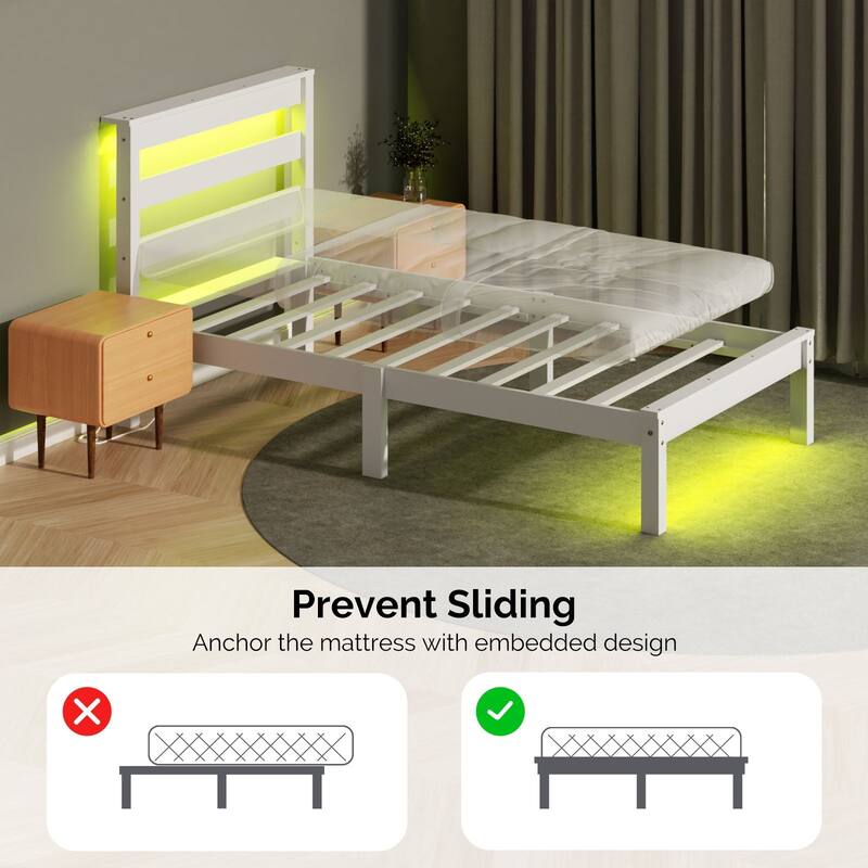 Twin Wood Bed Frame with Charging Station, Lighted Platform Bed, White