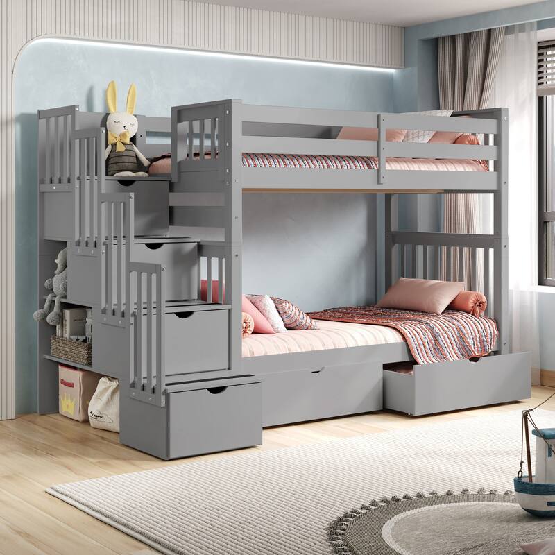 Taylor & Olive Trillium Tall Twin over Twin Stairway Bunk Bed, Drawers - Gray