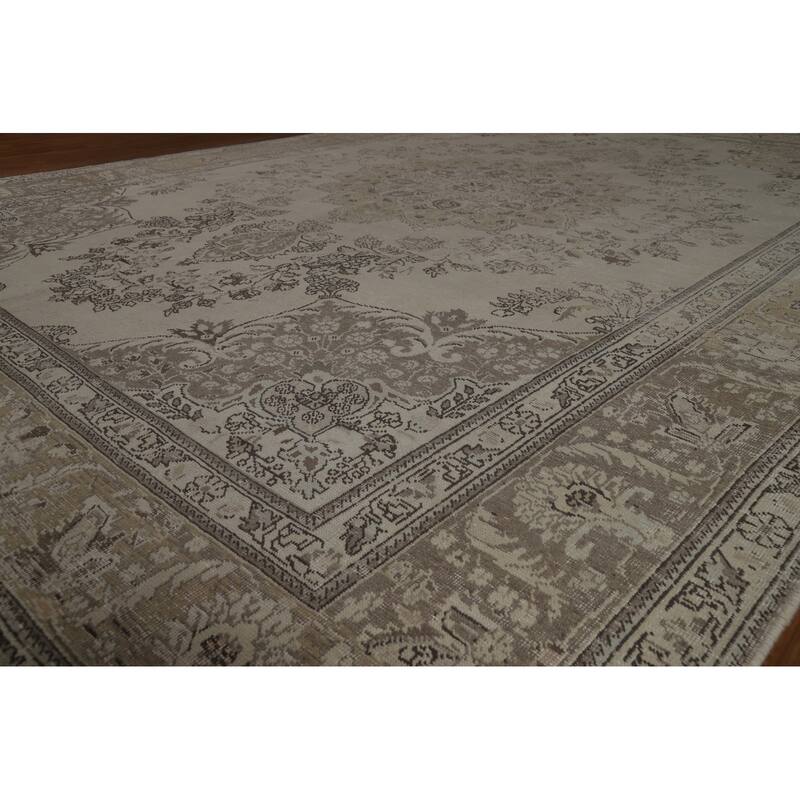 Tabriz Persian Vintage Area Rug Hand-Knotted Beige Wool Carpet - 9'6" x 13'4"
