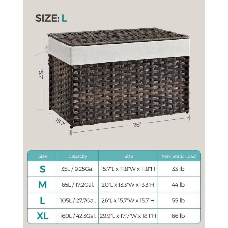 Portable Wicker Basket with Lid Waterproof Foldable Laundry Hamper with Washable Liner and Cut-Out Handles