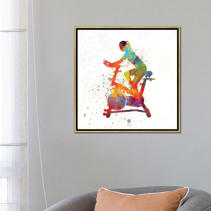 iCanvas "Woman Riding An Exercise Spin Bike In The Gym" by Paul Rommer Framed Canvas Print