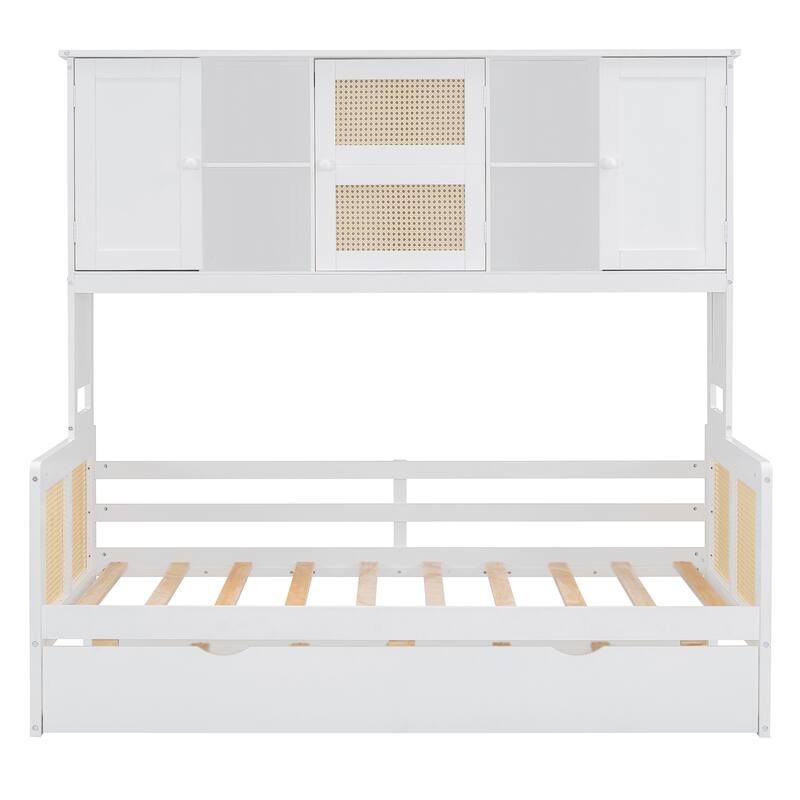 Twin Size Wooden Daybed with Twin Size Trundle, All-in-One Cabinet and Shelf, Modern Sofa Bed Frame w/ Wood Slat Support