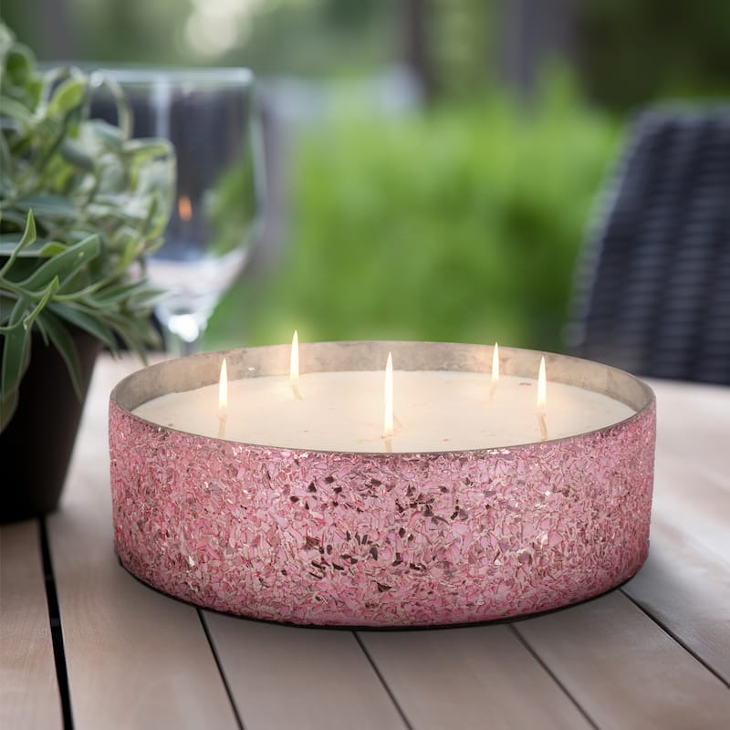 Sagebrook Home Glass, 8" 49 Oz Crackled Bowl Scented Candle, 3"H - 8" x 8" x 3" - Pink