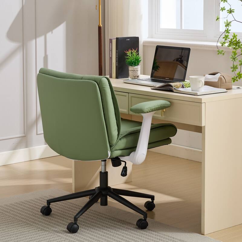 Cross Legged Office Chair on Wheels with Flip-Up Armrests Leather and Wide Seat
