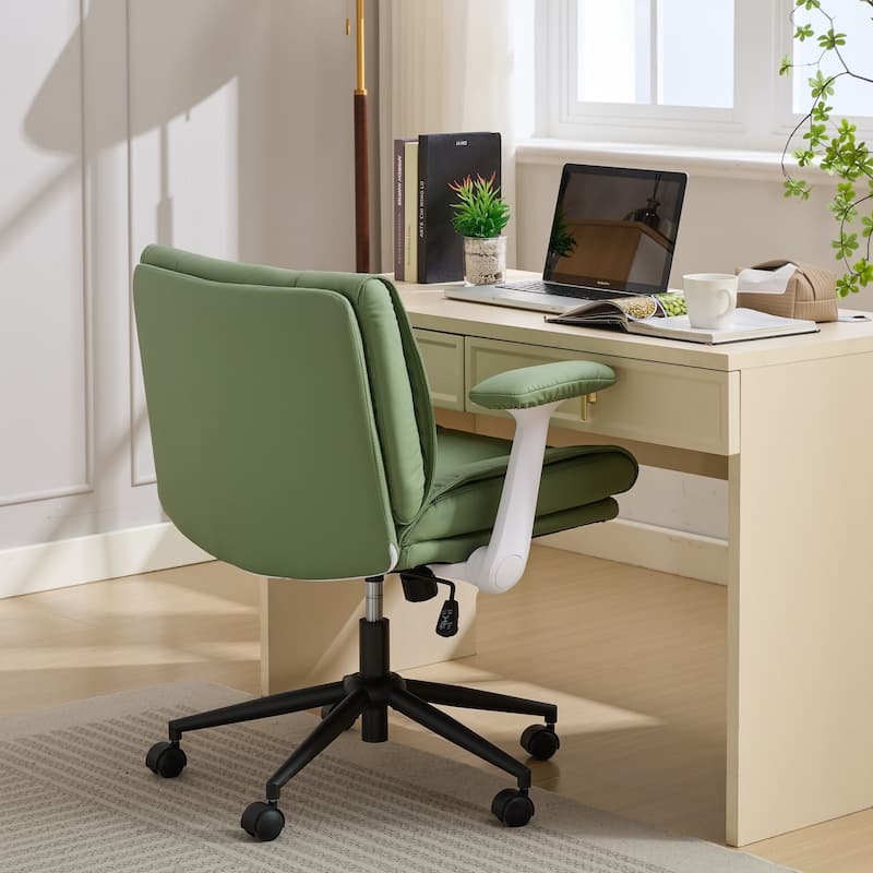 Green Leather Office Chair with Crossed Legs and Flip-Up Armrests