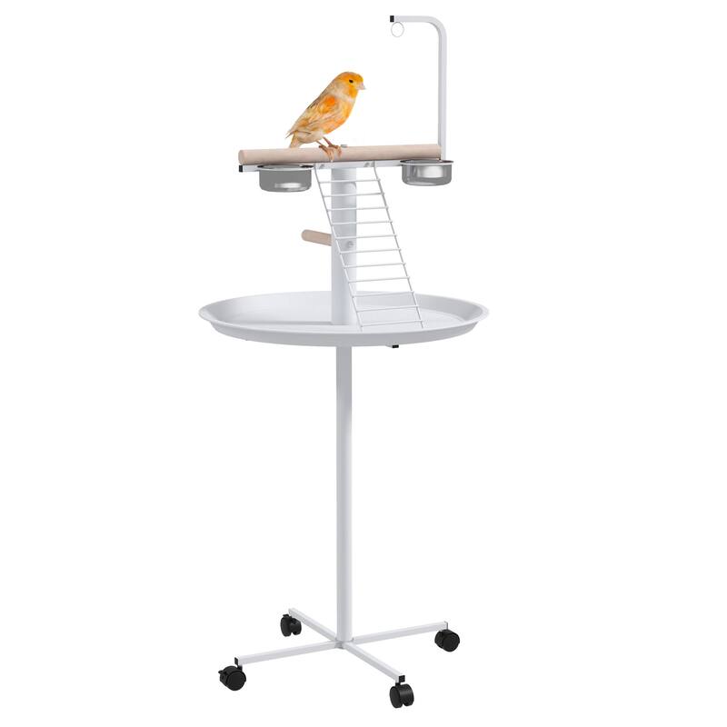 PawHut Bird Stand, Parrot Stand with Wheels, Perches, Stainless Steel Feed Bowls, Round Tray, Bird Play Stand for Indoor Outdoor - Chicken - White