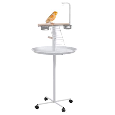 PawHut Bird Stand, Parrot Stand with Wheels, Perches, Stainless Steel Feed Bowls, Round Tray, Bird Play Stand for Indoor Outdoor