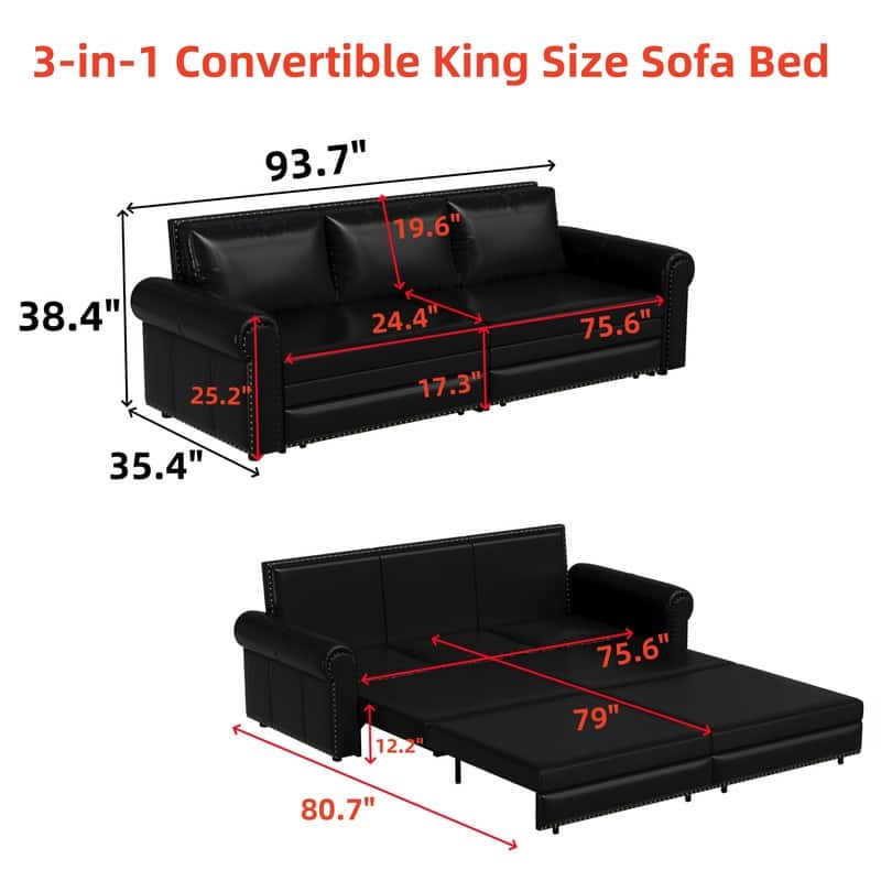 3-in-1 King Pull Out Sofa Bed Chesterfield Sofa, Velvet/Faux Leather Convertible Sleeper Sofa with Nailhead Trim & Rolled Arm