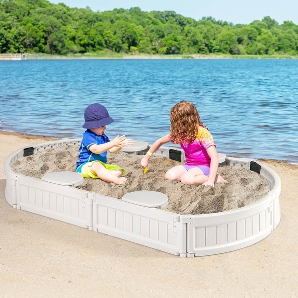 Costway 6F Wooden Sandbox with Built-in Corner Seat, Cover