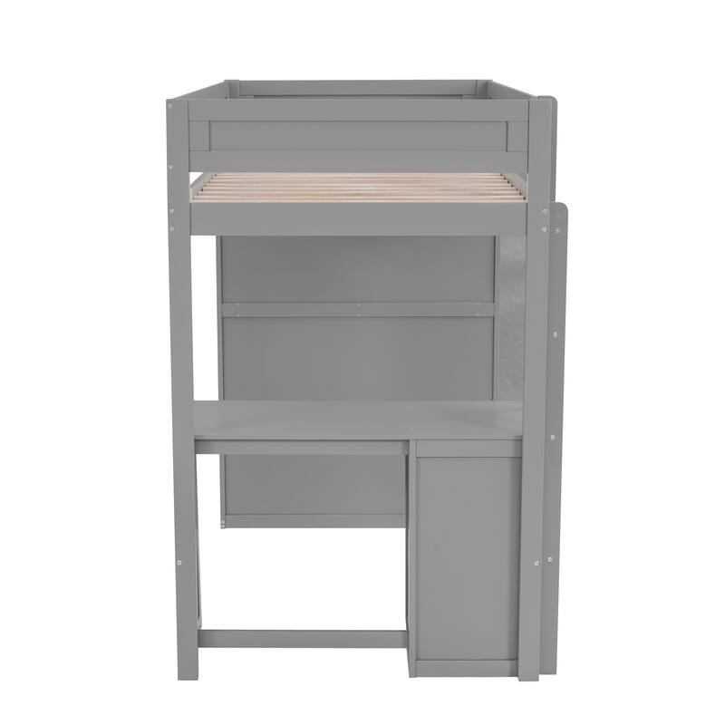 Wood Twin Size Loft Bed with Wardrobe, Desk, and Drawers, Space-Saving Design