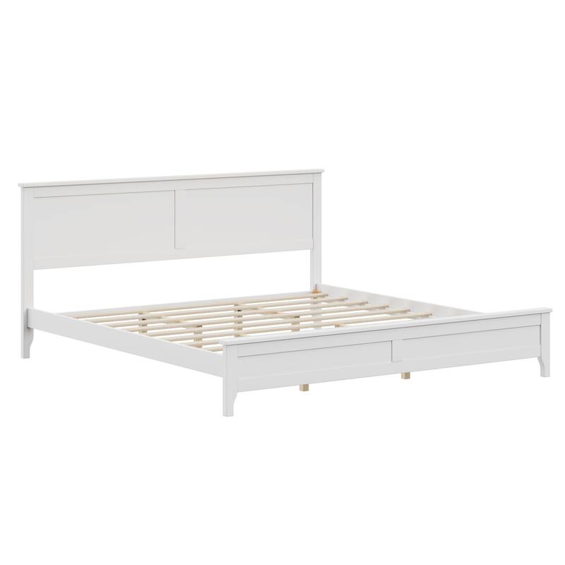 Elegant White Solid Wood King Platform Bed with Simple Slat Design