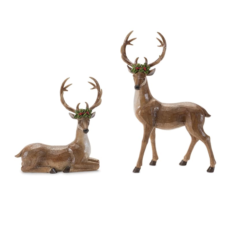 Polyresin Deer Figurine Set of 2 with Glitter and Holly Accents for Holidays - 9" x 3” x 13” (L x W x H) - Brown-Red