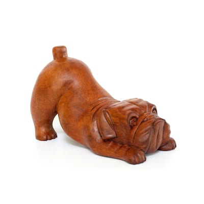 Wooden Hand Carved Crouching English Bulldog Statue Figurine Sculpture Art Decorative Home Decor Accent Handmade Wood Dog