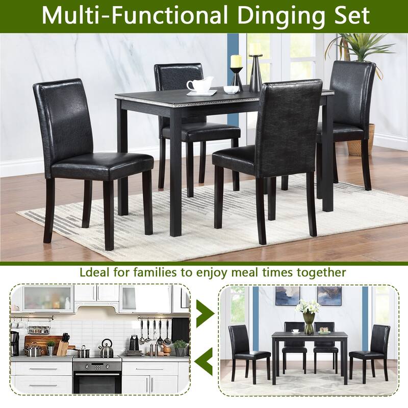 Modern 5-Piece Dining Set with Crystal Table & 4 Upholstered Chairs