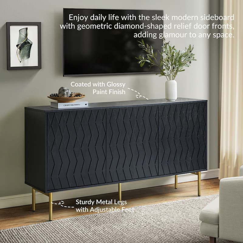 Petter Modern Diamond-shaped 60"Wide 3 Door Sideboard with Adjustable Shelves and Golden Metal Legs by HULALA HOME