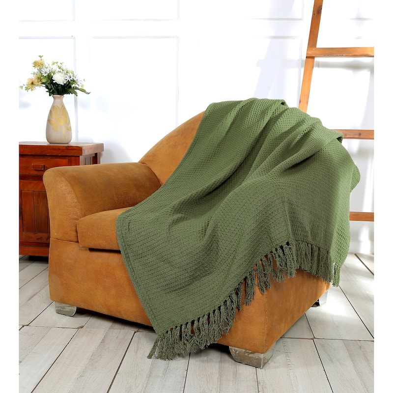 Luxurious Soft Cozy All Season Light Weight Cotton Waffle Weave Throw Blanket with Fringes - 70x50 Inches - Green