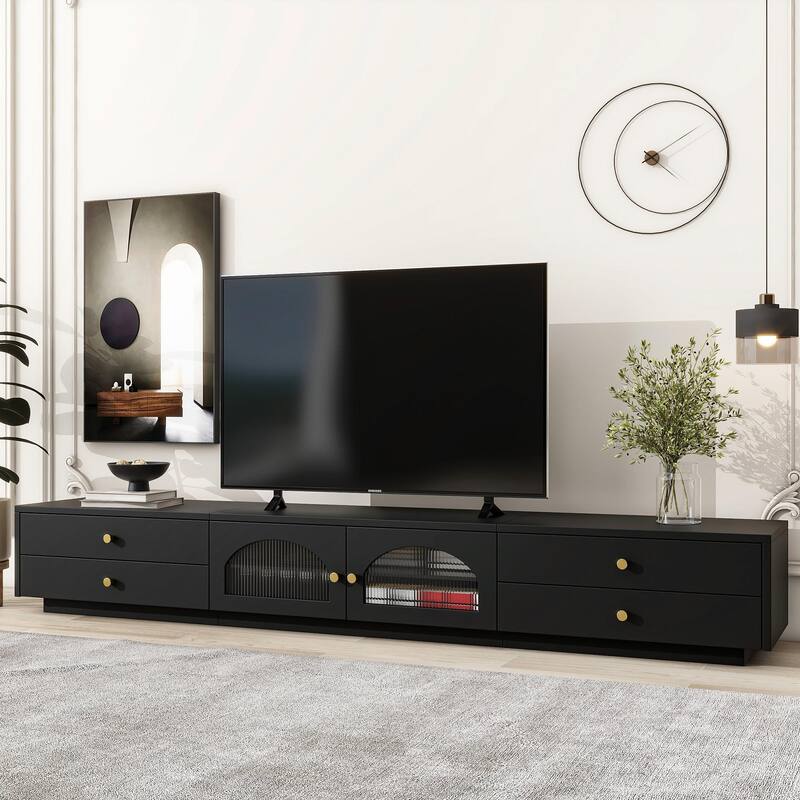 90'' Elegant Glass-Doored TV Stand with Versatile Storage - Black
