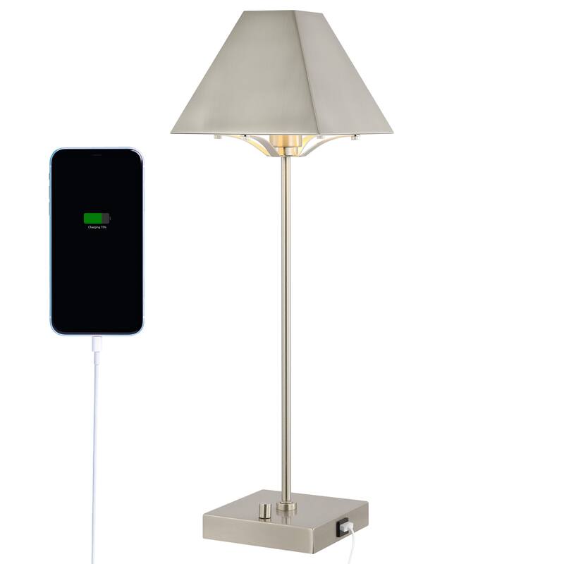 Houston 25" Industrial Style Iron Pyramid Bedside LED Table Lamp with USB Charging Port, Nickel by JONATHAN Y - 25" - Nickel