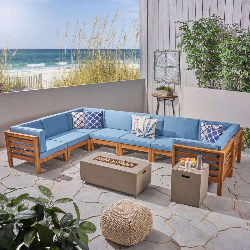 Oana Outdoor U-shaped 8-seat Acacia Sectional Sofa Set w/ Fire Pit by Christopher Knight Home - teak + light gray + blue cushion