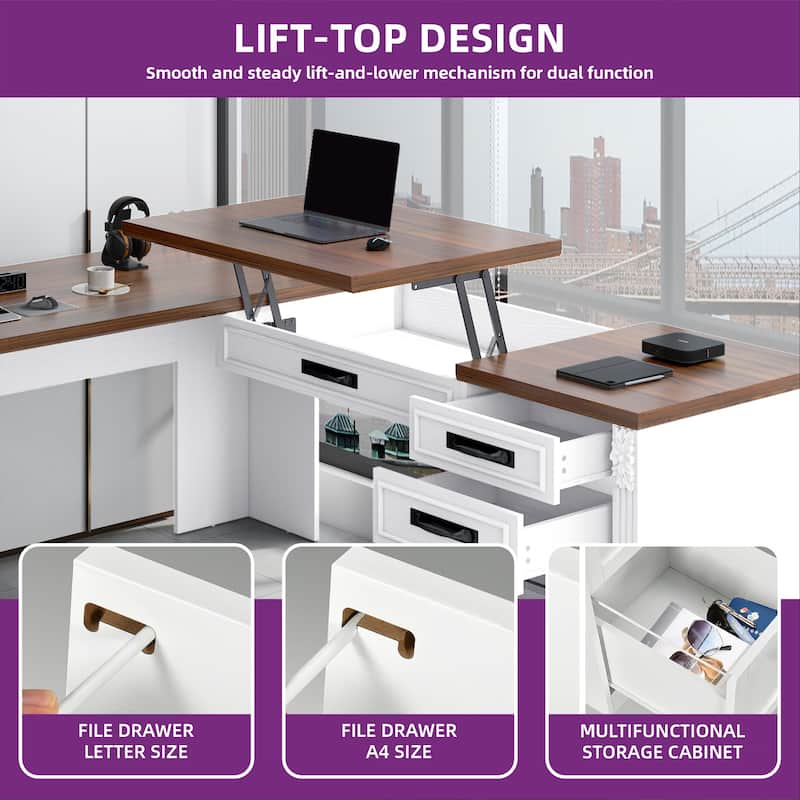 Moasis Farmhouse L Shaped Executive Desk Lift Top Office Desk with Drawers and Cabinet