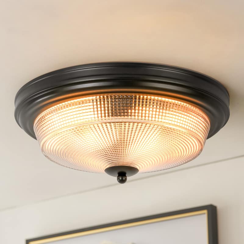 2-Light Modern Vintage Black Cone Textured Prismatic Glass Flush Mount Light - 14.5 in. W x 6.6 in. H