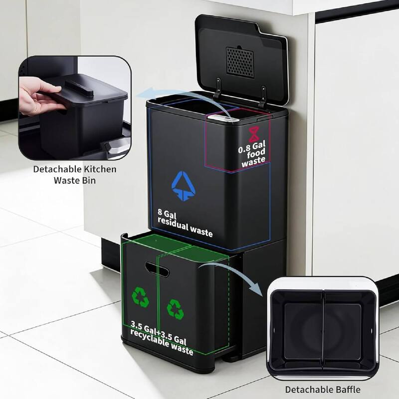 16 Gal Dual Compartment Recycling Bin Kitchen Trash Can