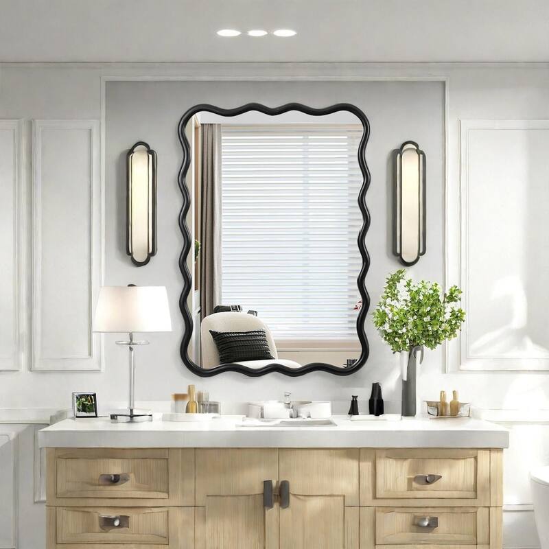 Mia Solid Wood Wavy Rectangle Wall Mirror with HD Reflection and Artistic Frame Design by GDFStudio - 40" x 28"