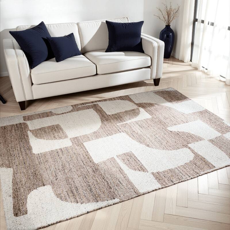 Jimmy 5 x 7 Area Rug, Abstract Pattern Polyester, Cotton Back, Beige Brown - 5 x 7