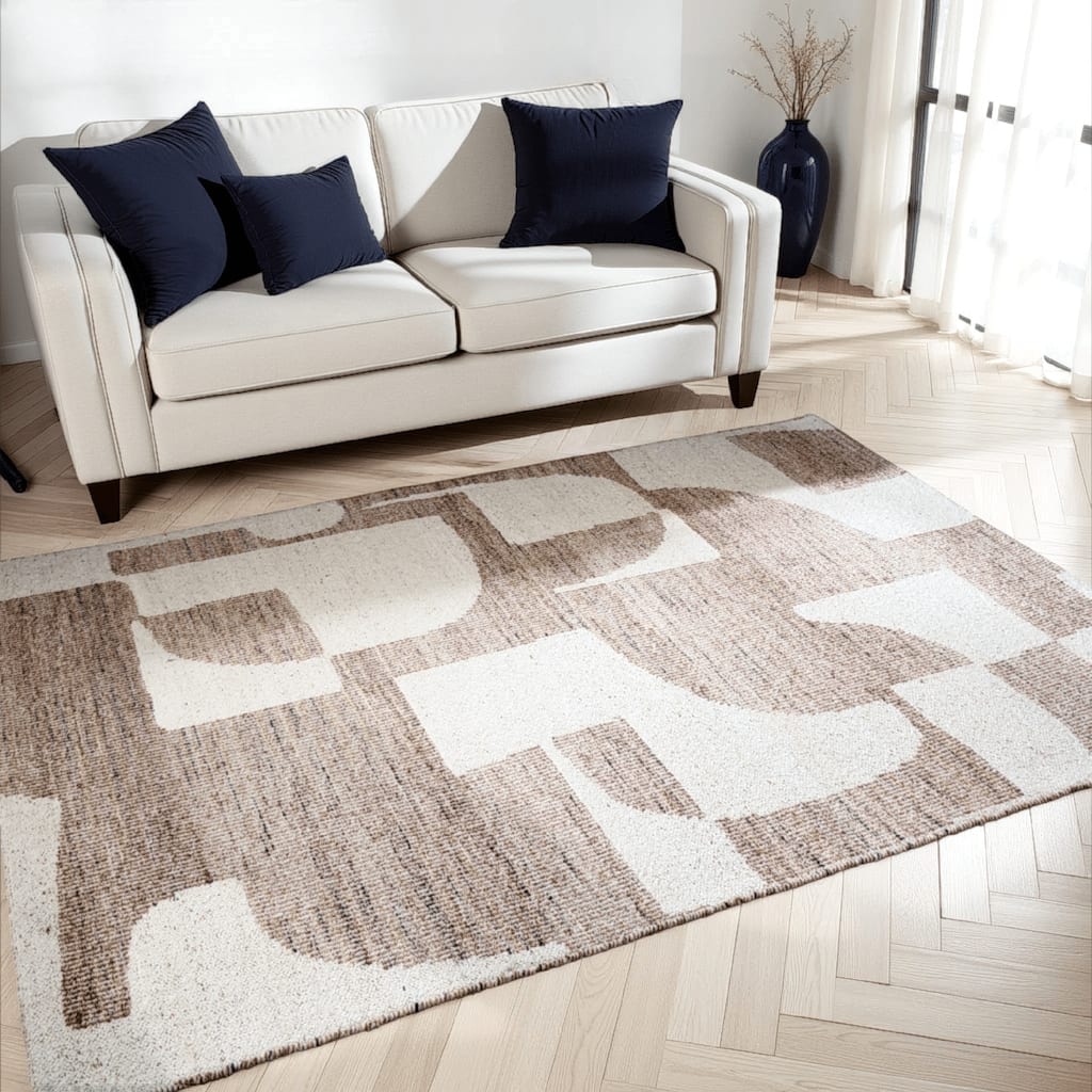 Jimmy 5 x 7 Area Rug, Abstract Pattern Polyester, Cotton Back, Beige Brown - 5 x 7